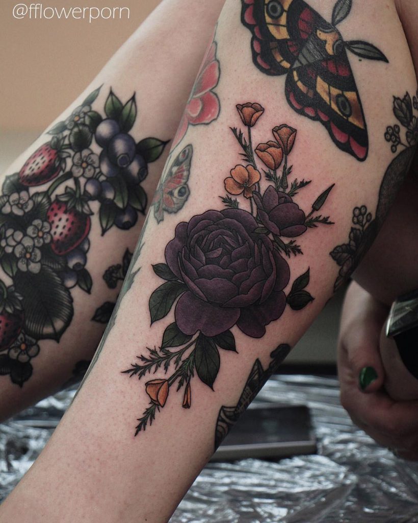 Purple rose and golden poppies tattoo