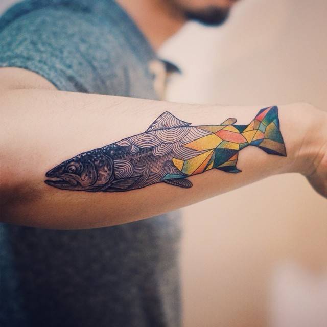 Realistic and cubist fish tattoo