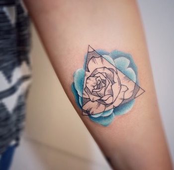 Triangle and blue rose tattoo