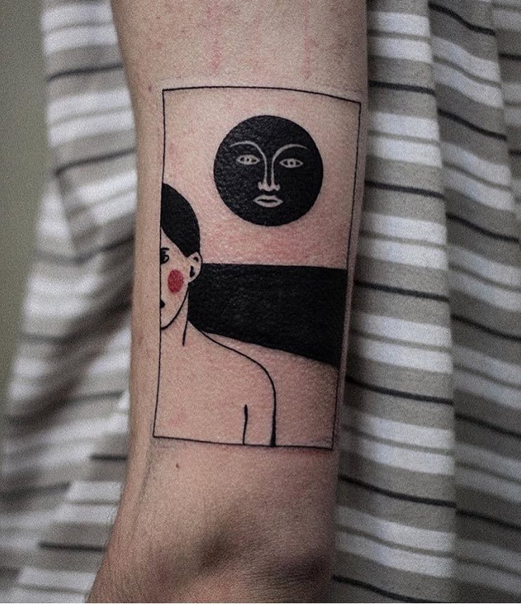 Woman and moon tattoo by all cats are grey