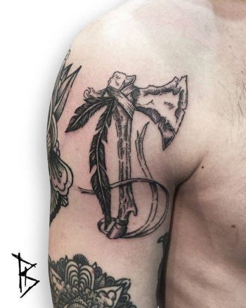 Woodcut tomahawk tattoo