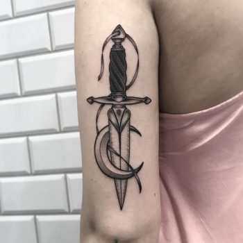 Blackwork dagger and crescent moon