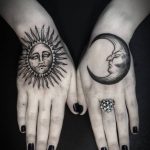 Blackwork sun and moon matching tattoos