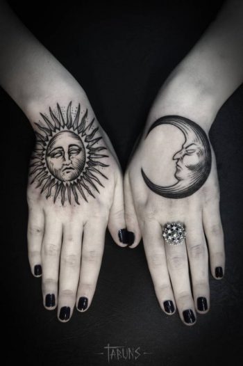 Blackwork sun and moon matching tattoos