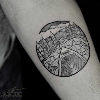 Canoe and landscape tattoo by Jon J Mo