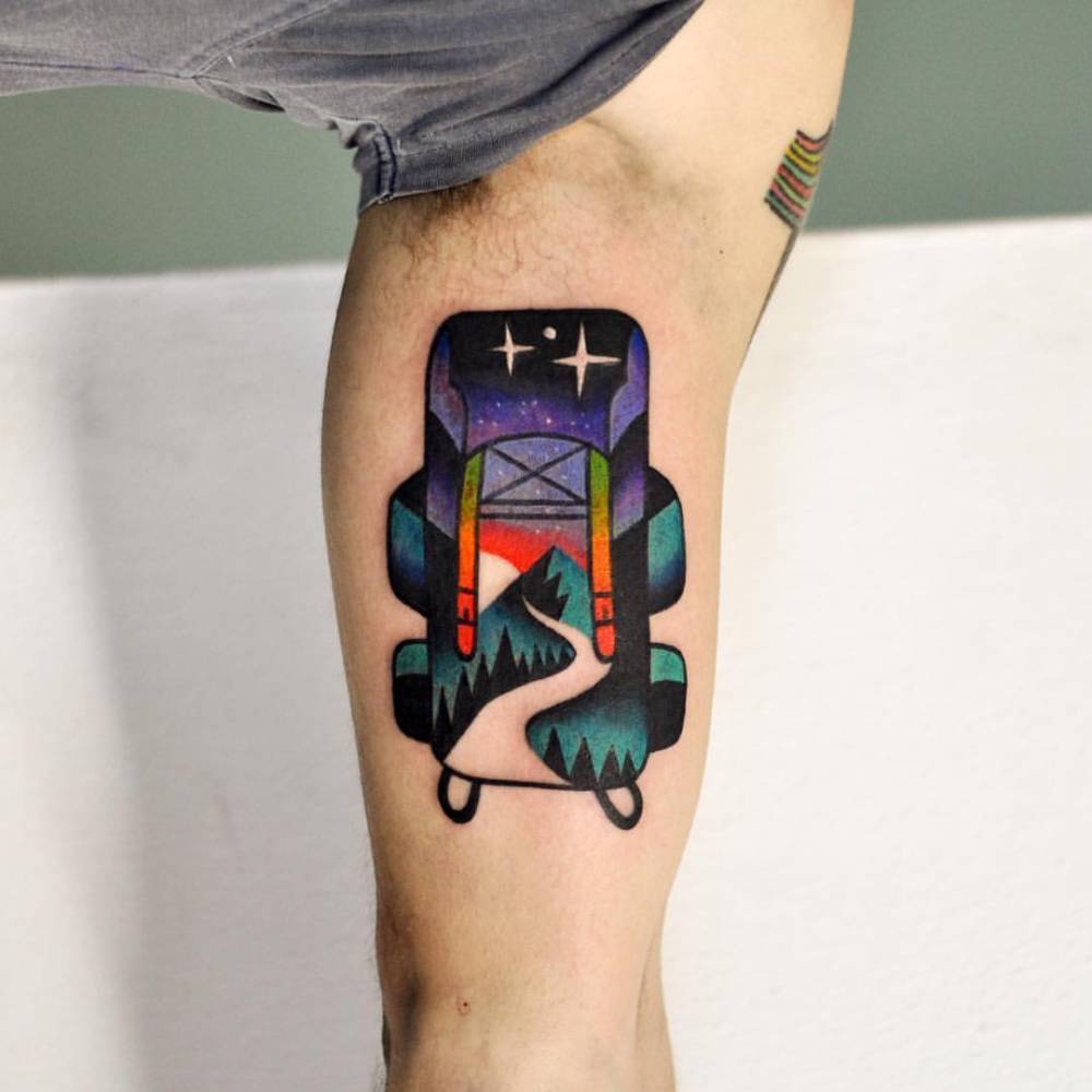 Double exposure backpack tattoo by David Côté