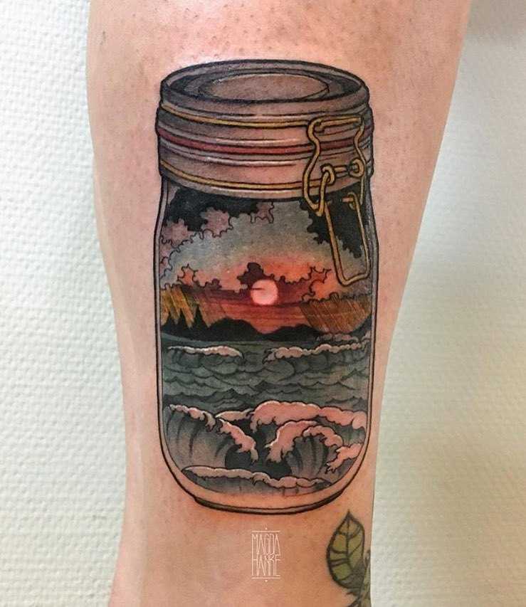 Double exposure jar and landscape tattoo