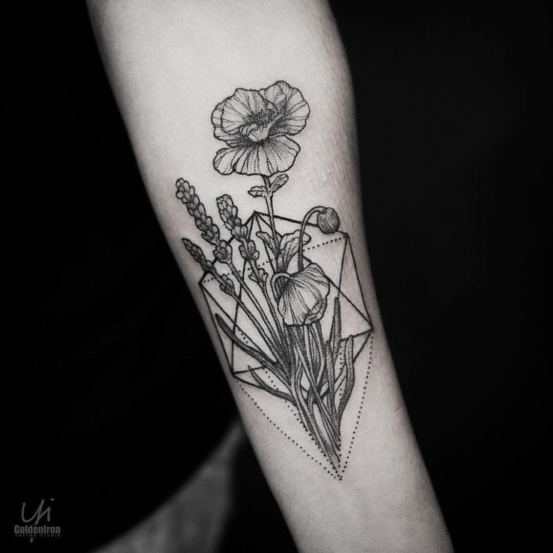 Flower and hexagon tattoo by yi postyism