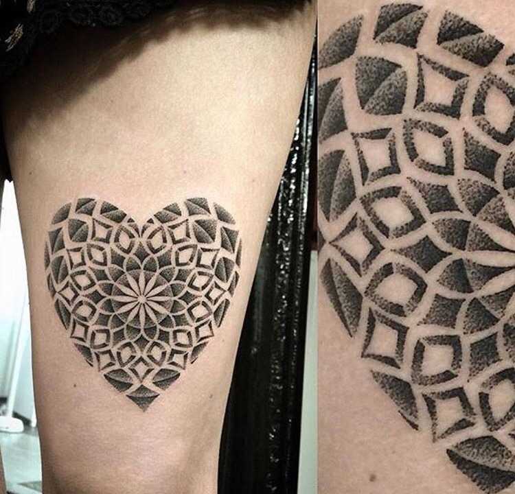 Heart-shaped mandala tattoo by Saskia Viney