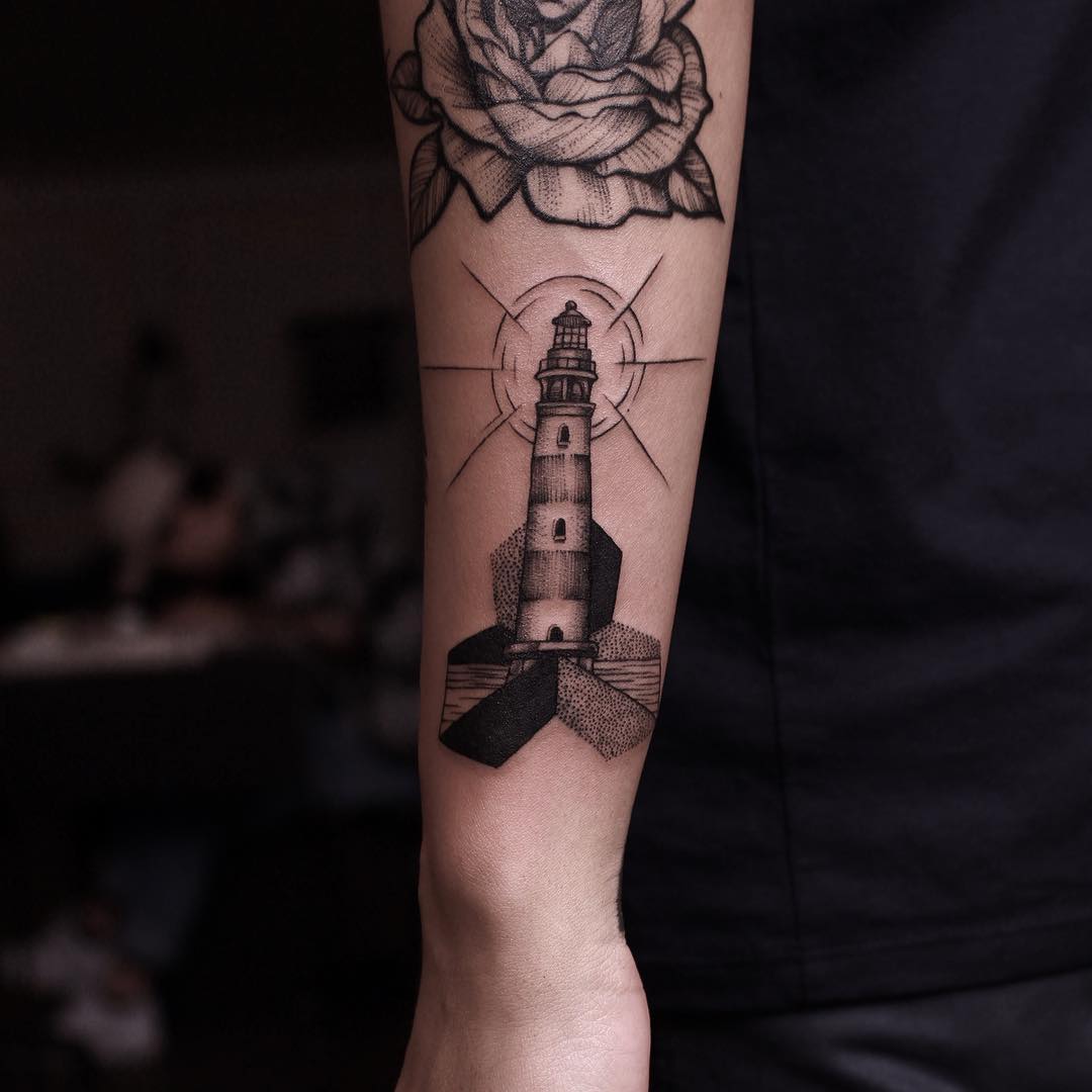 Lighthouse and rose tattoo