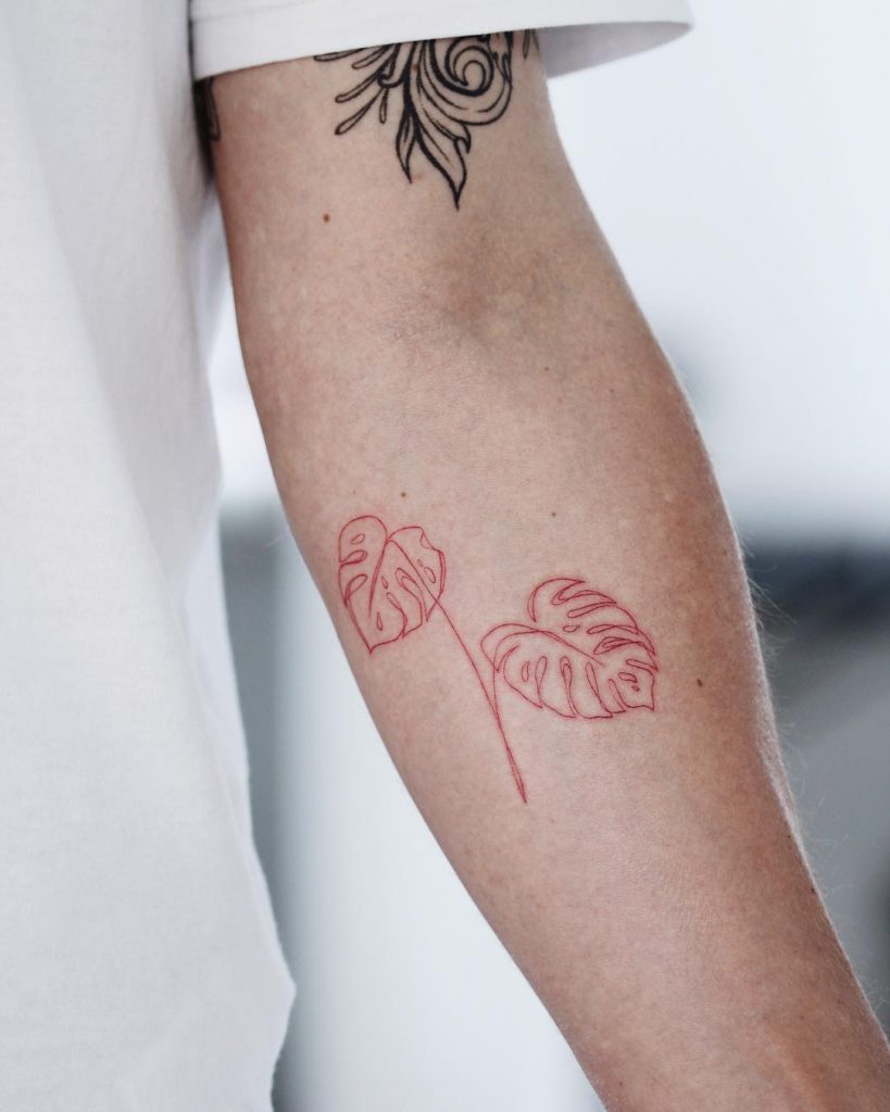 Red Monstera leaves tattoo