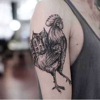 Rooster and house tattoo by jonas ribeiro