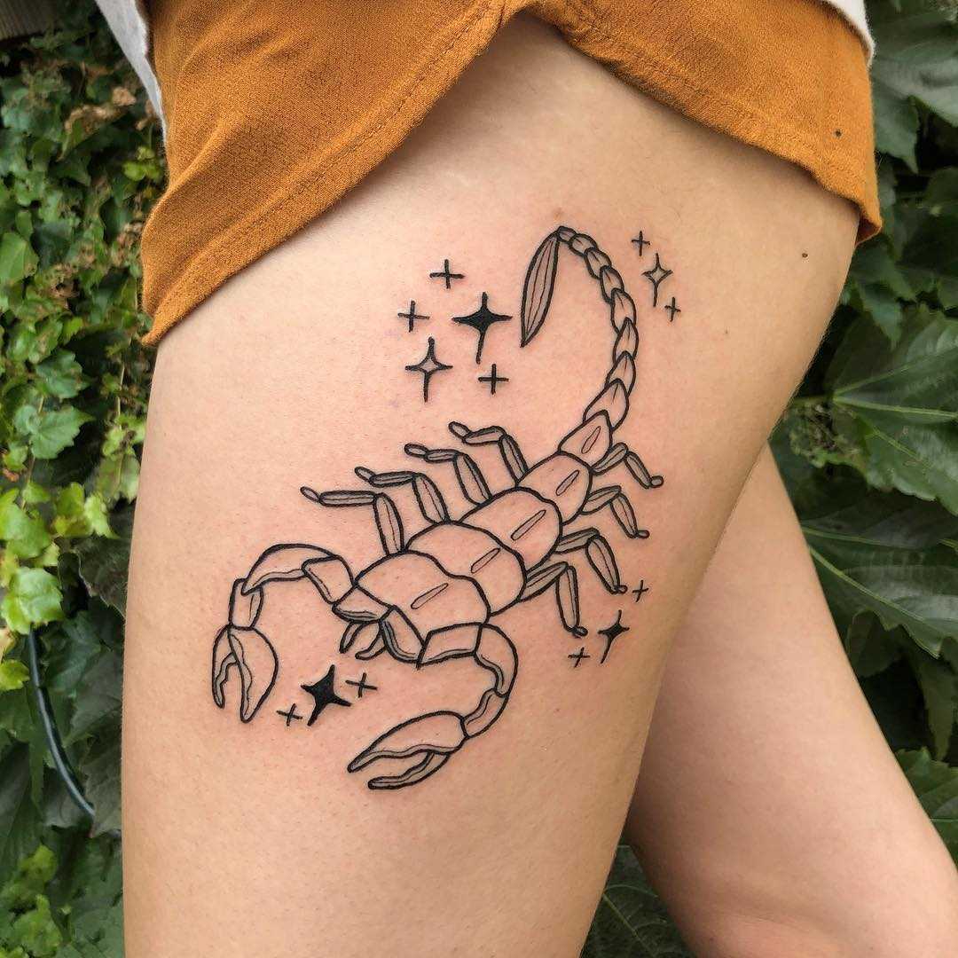 Scorpion tattoo on the left thigh