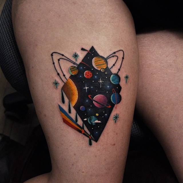Solar system tattoo on the thigh