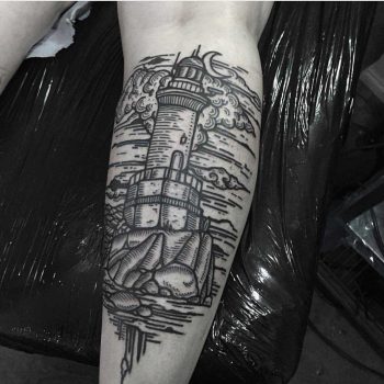 Woodcut style lighthouse tattoo by Kola Hari