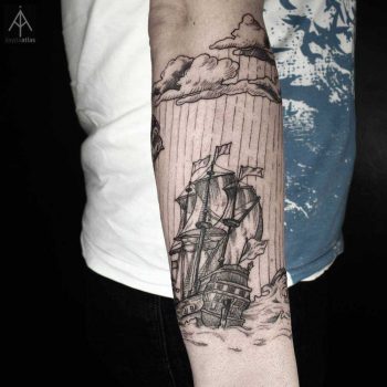 Woodcut style ship tattoo by Ilayda Atlas