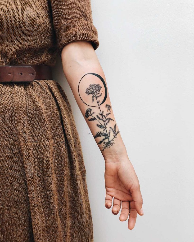 Yarrow and the Waning Gibbous moon tattoo - Tattoogrid.net