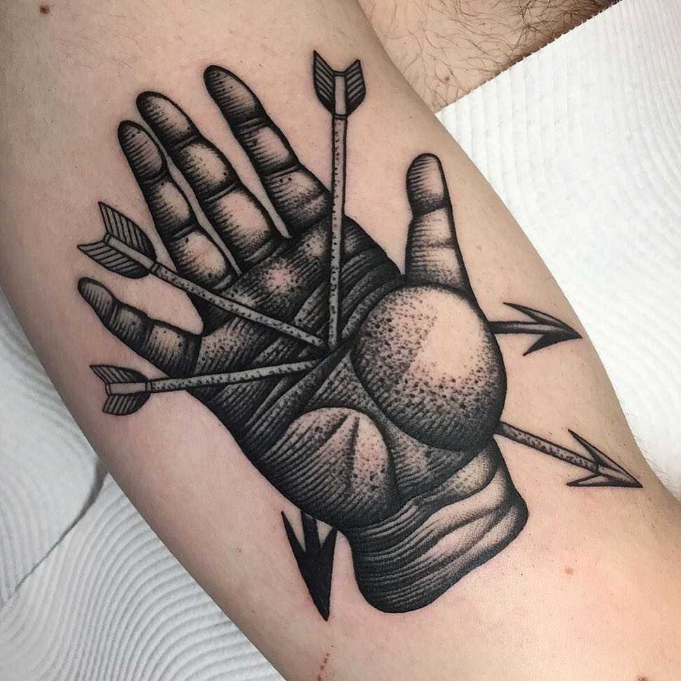 A hand with arrows tattoo