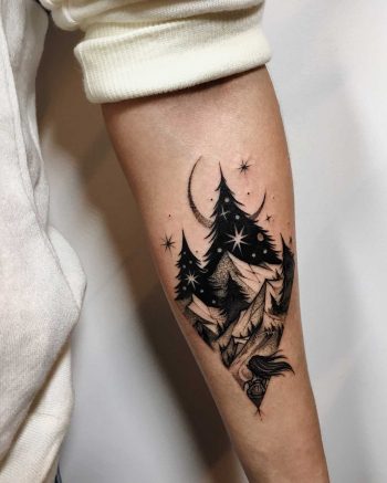 Beautiful black scenery tattoo by Sasha Kiseleva