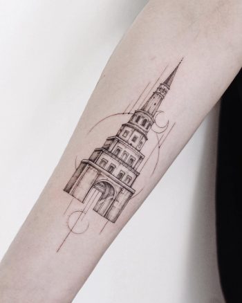 Black and grey tower tattoo