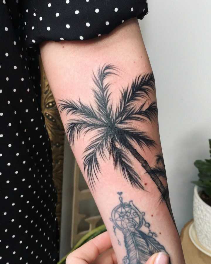 Blackwork palm tree tattoo on the left forearm