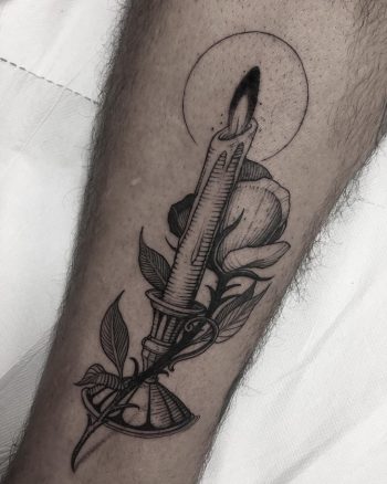 Candle and rose tattoo done at Primordial Pain Tattoo, Milano