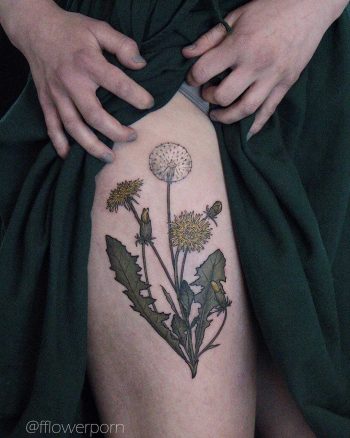 Dandelions tattoo on the thigh