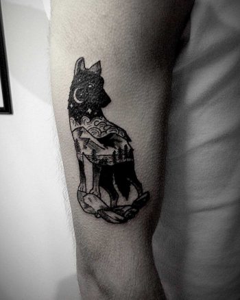 Double exposure wolf and landscape