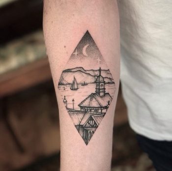 Harbor scene tattoo by Tom Tomtatts