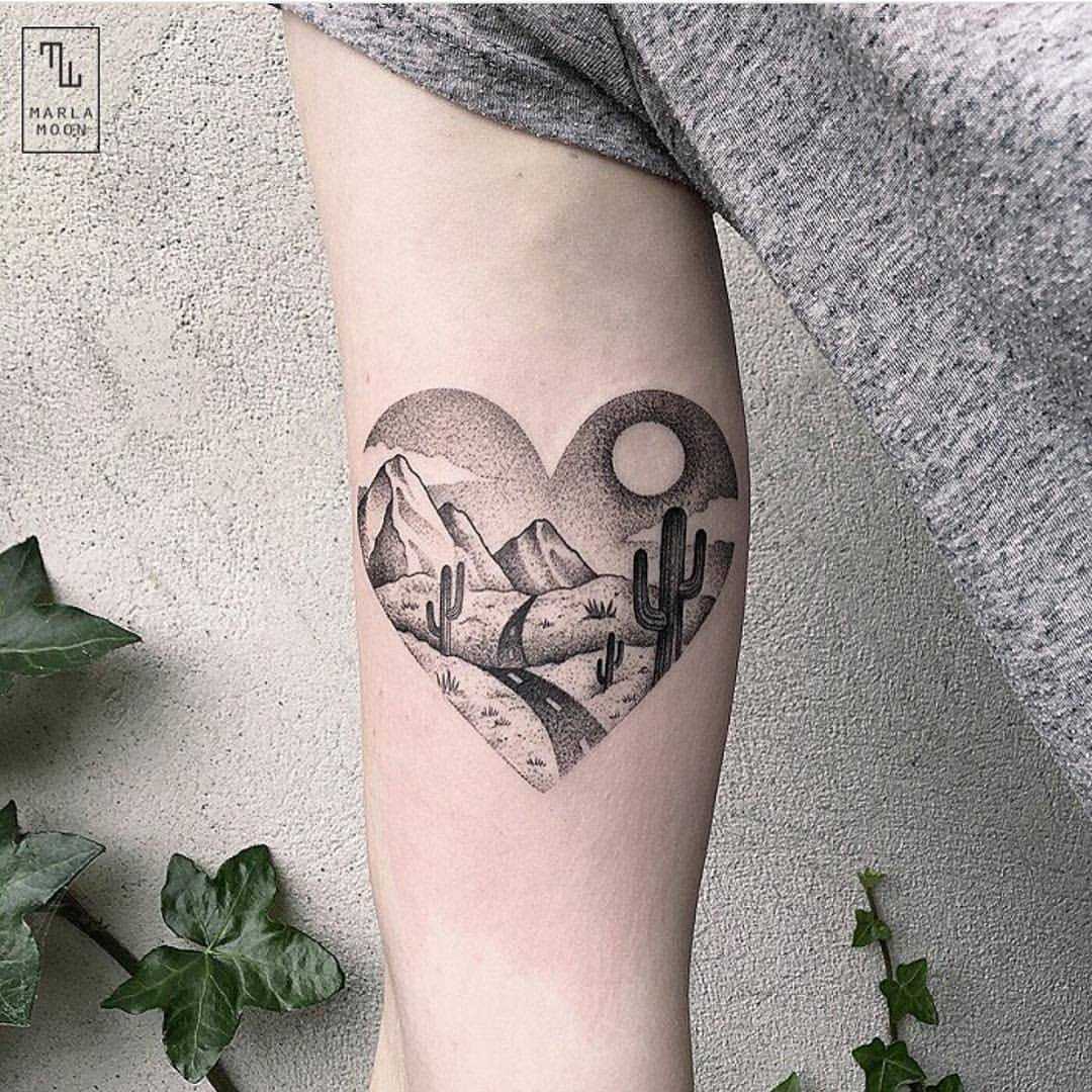 Heart-shaped desert landscape tattoo by Marla Moon