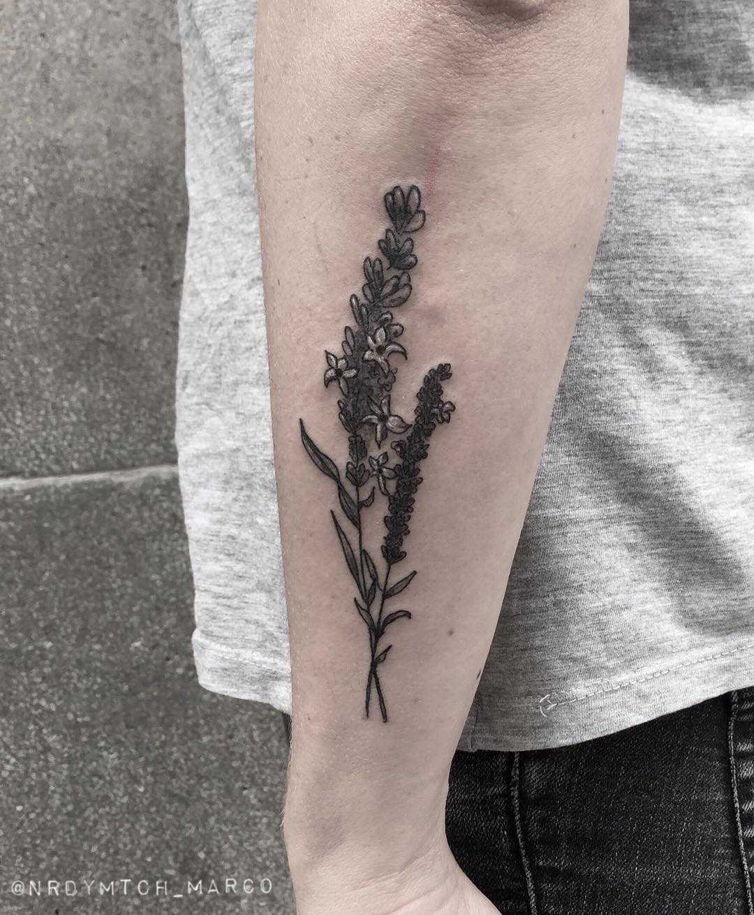 Lavender tattoo done by Nerdy Match Ink