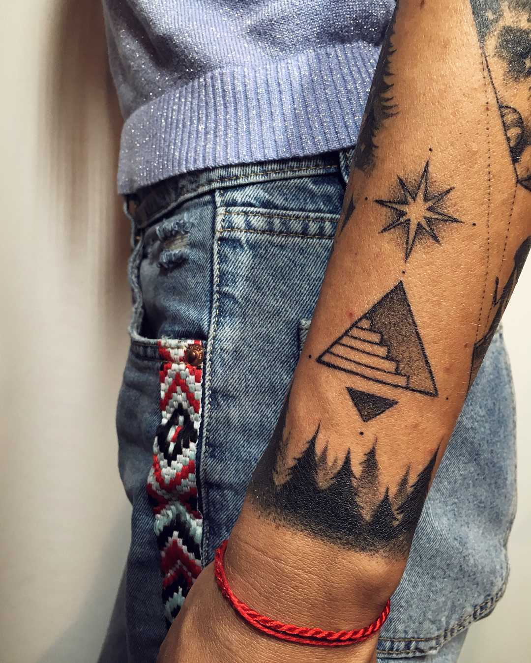 North star, stairway and forest tattoo by Sasha Kiseleva