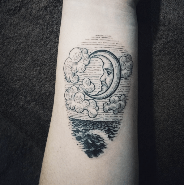 Ocean, clouds, and moon tattoo by Tattooist Doy