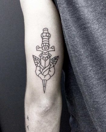 Outline dagger and rose tattoo