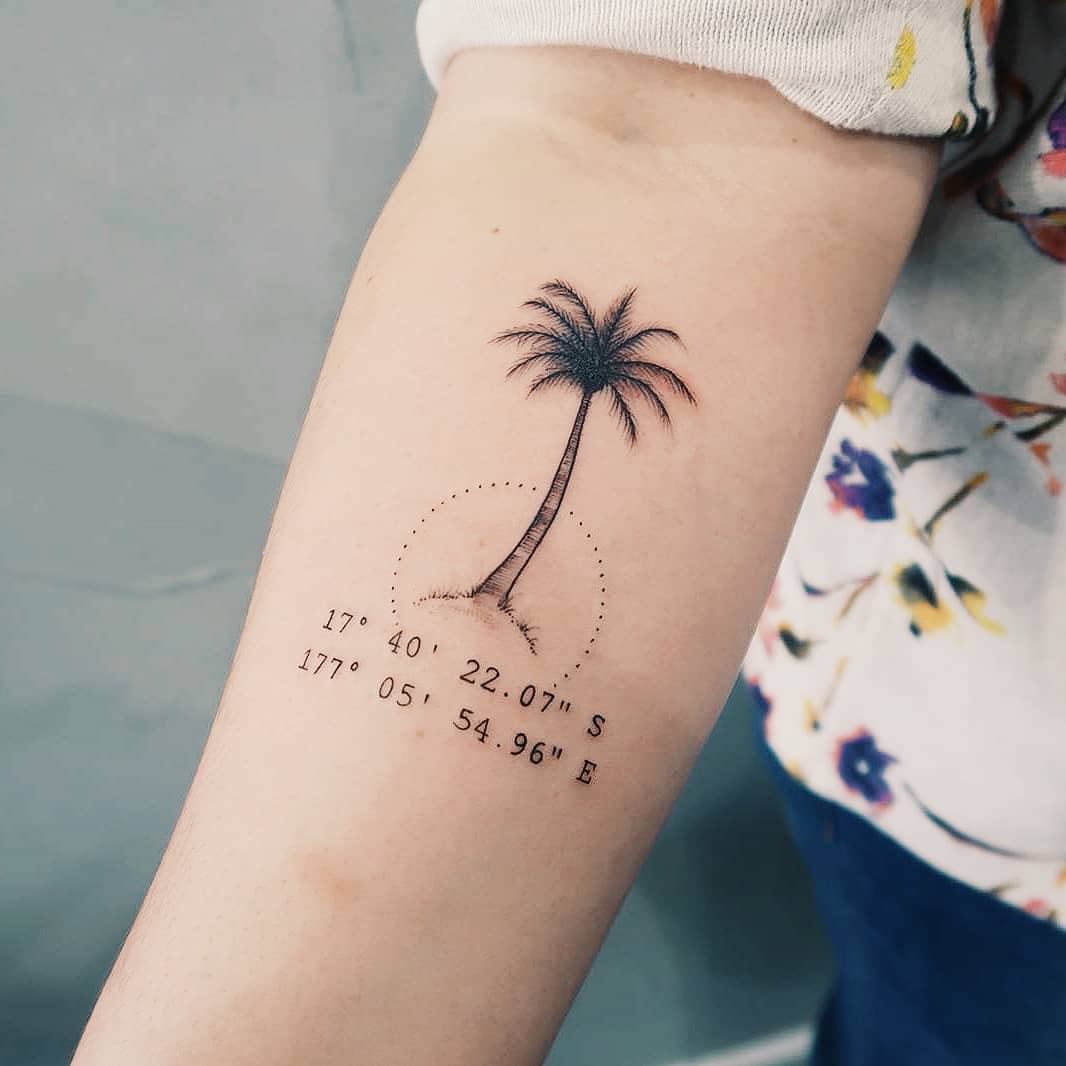 Palm tree and coordinates tattoo by Cholo - Tattoogrid.net
