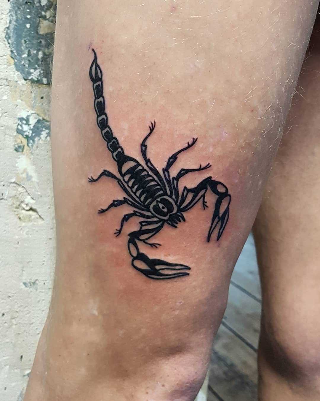 Scorpion tattoo on the right thigh