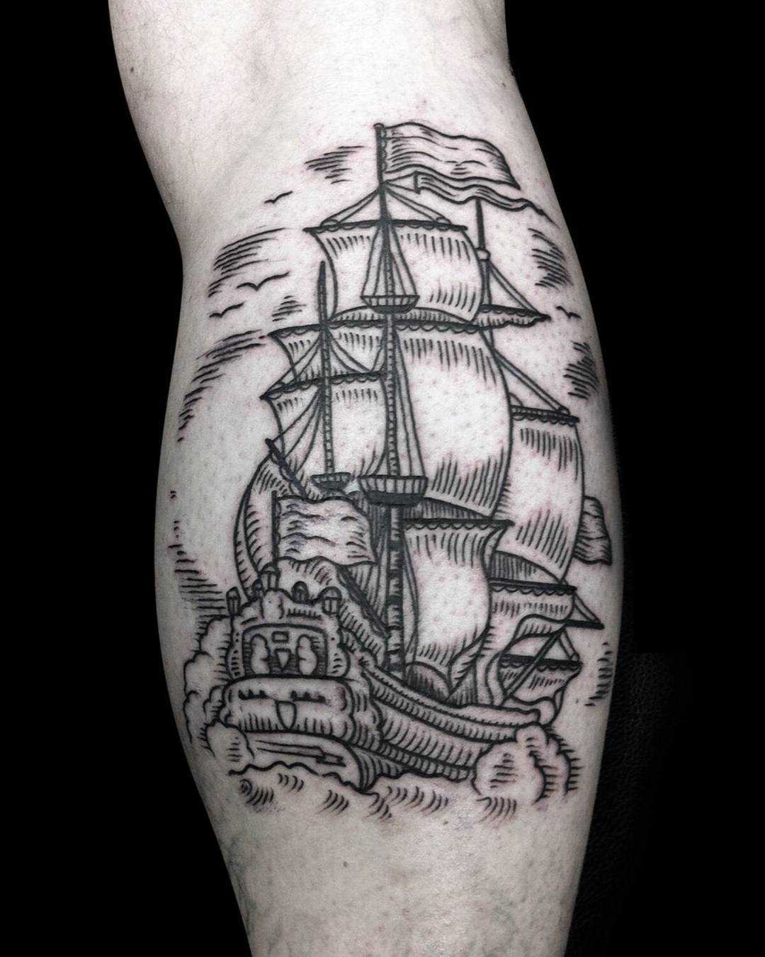 Black and White Pirate Ship Tattoo