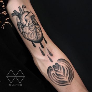 Anatomical heart and latte art tattoo