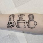 Cacti in a skull, pot, and jar