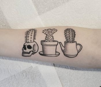 Cacti in a skull, pot, and jar