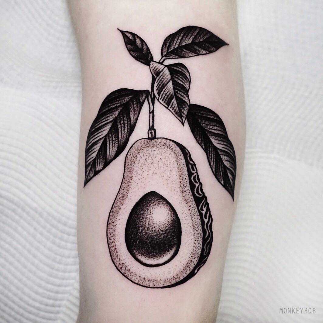 Dot-work avocado tattoo by Monkey Bob