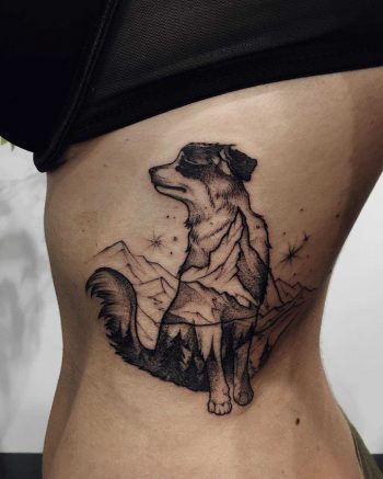 Double exposure dog and mountains tattoo