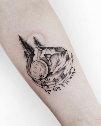 Fox and landscape tattoo by Sasha Tattooing