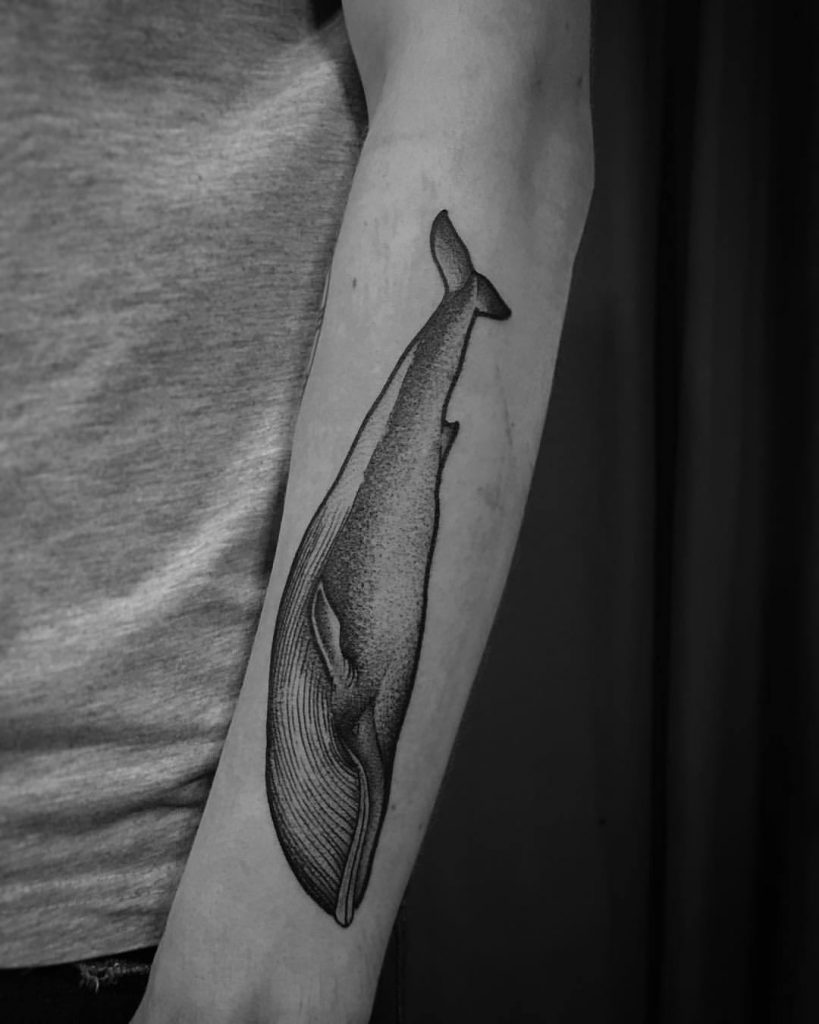 Large whale tattoo on the forearm