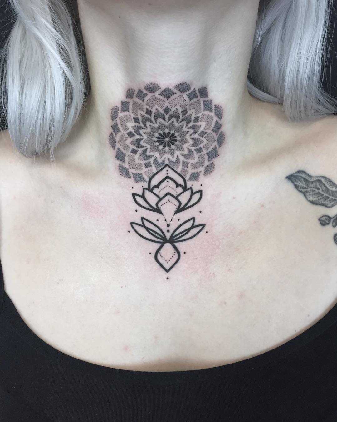 Mandala and lotus tattoo on the neck