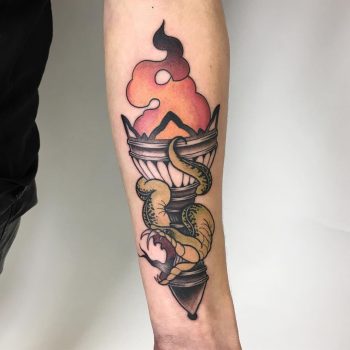 Neo-traditional snake and torch tattoo