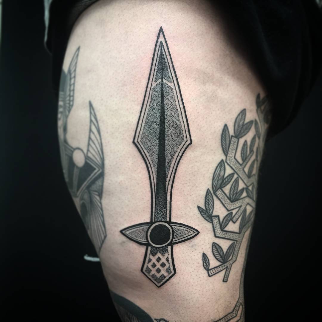 Badger King Tattoo - The swaying one, Gungnir, the spear of the Allfather.  Runes of power adorn this rendition I made for Alex recently. Lots more  work to do on this sleeve