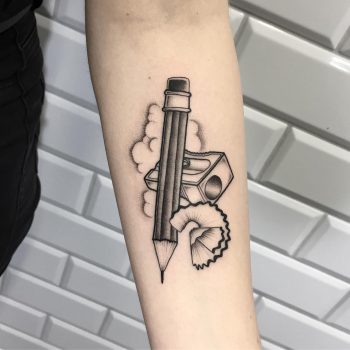 Pencil and sharpener tattoo done at Kult Tattoo Fest