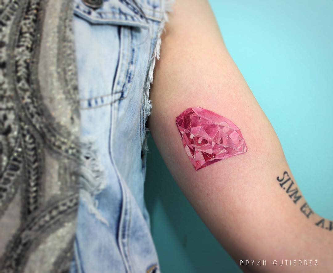 Fine Line Amethyst and Flower Tattoo