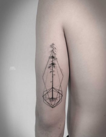 Pine tree and geometric shapes tattoo